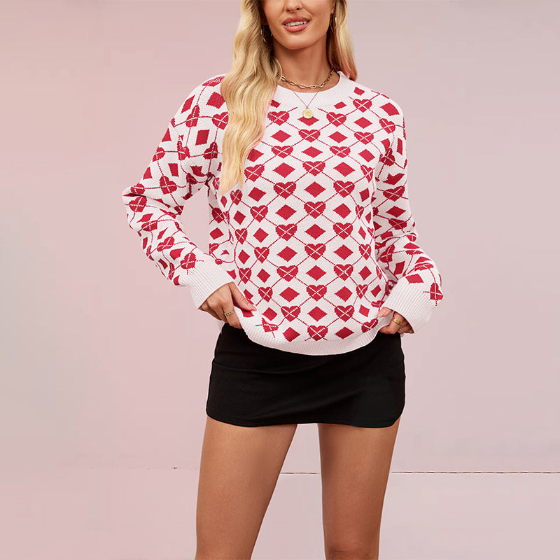 Autumn Winter Love Sweater Valentine Day round Neck Pullover Peach Heart Sweater