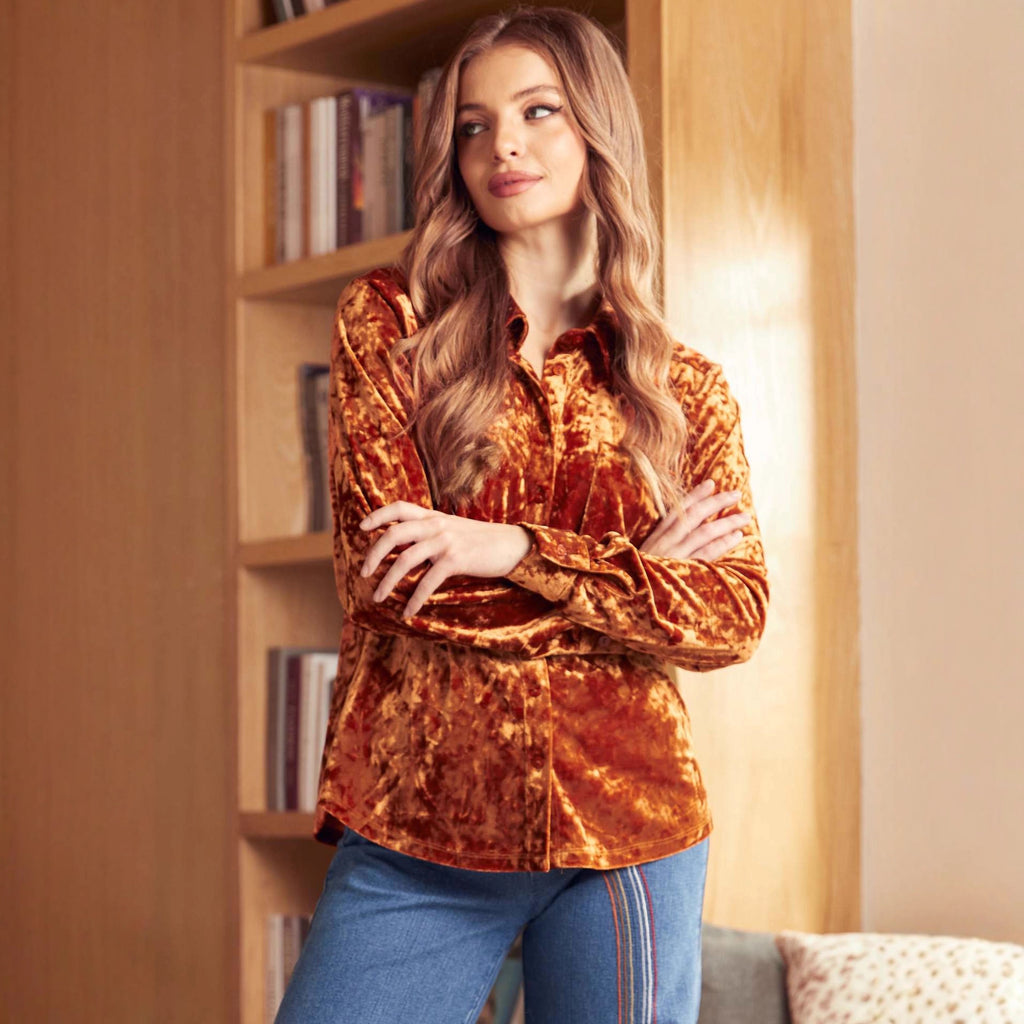 Retro Loose Diamond Velvet Shirt Autumn Winter Solid Color Polo Collar Button Long Sleeve Shirt for Women