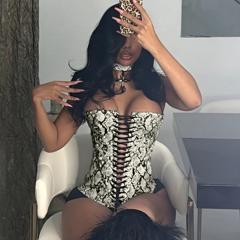 Sexy Women Clothing Leather Animal Pattern Waist Shaping Lace up Tube Top Waist Tight Adjustable Vest Top Summer