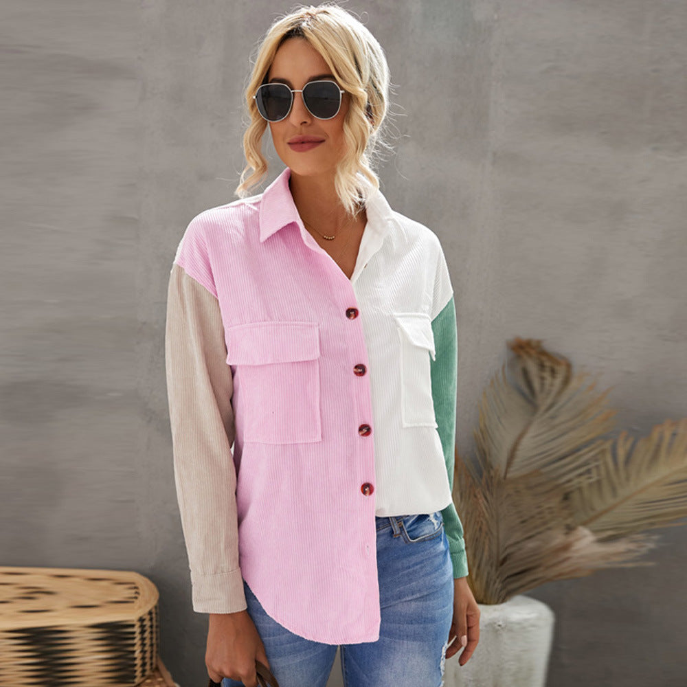 Color Block Stitching Autumn Shirt Women Loose Long Sleeve Single Breasted Shirt