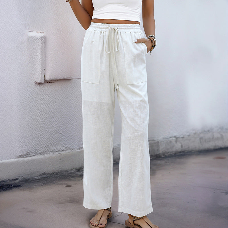 Summer Elegant Linen Lace up Trousers Women White Casual Trousers with an Elasticated Waist High Waist Straight Pants