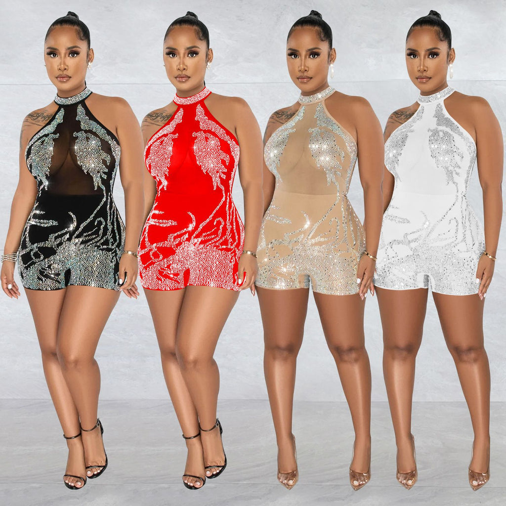 Summer Women Clothing Sexy Tight Mesh See through Rhinestone Jumpsuit for Women