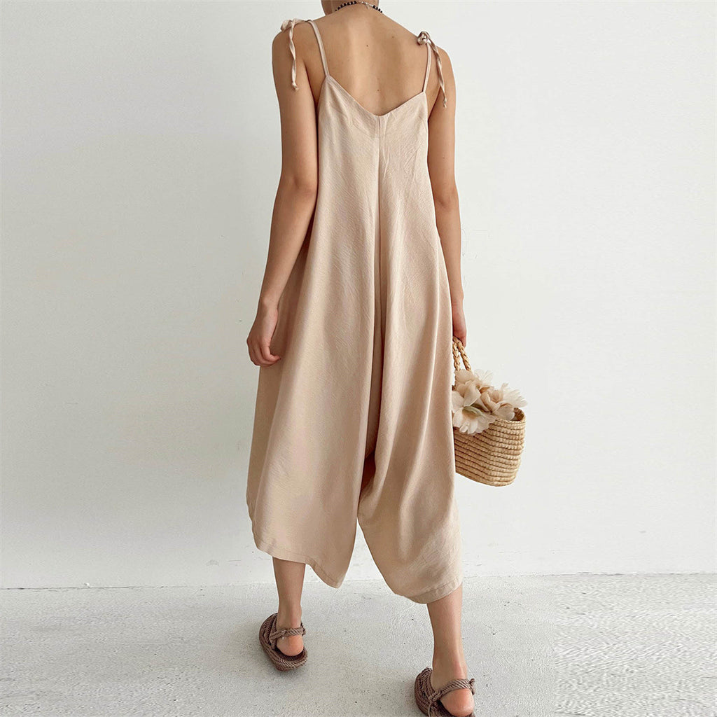 Summer Solid Color Overalls Casual Loose Fitting Wide Leg Trousers Sexy Sling Backless Sleeveless Jumpsuit