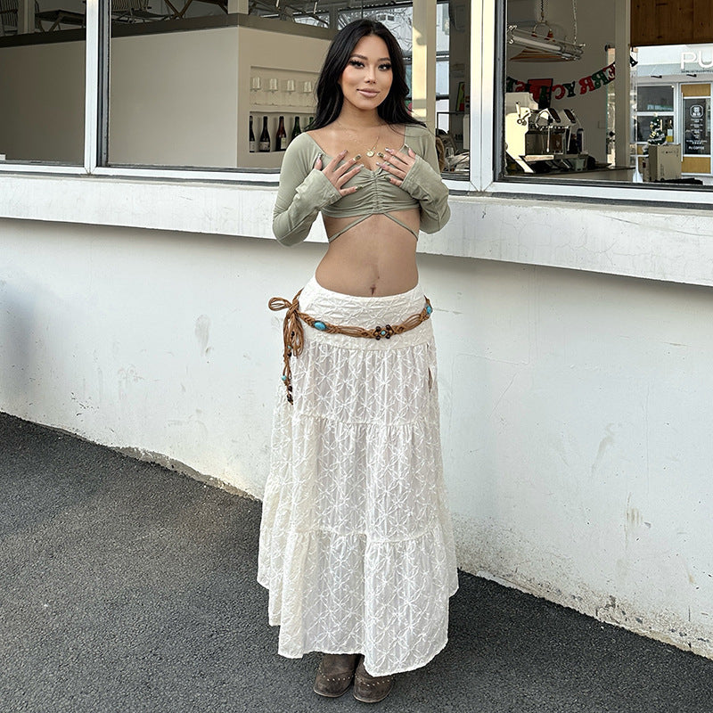 Summer Beach Solid Color Texture Split Dress Sexy Seaside Holiday A line Skirt