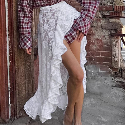 White Brocade Lace Ruffled Jacquard Office Skirt Spring Summer Fart Curtain Long Skirt Women