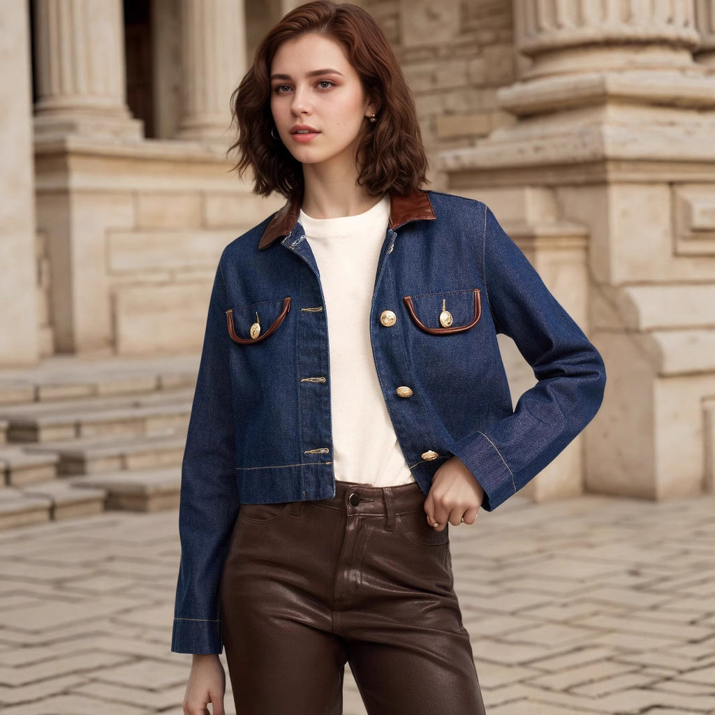 Button Embellishment with Leather Patchwork Collar Pocket Details Design Elegant Imitation Denim Jacket