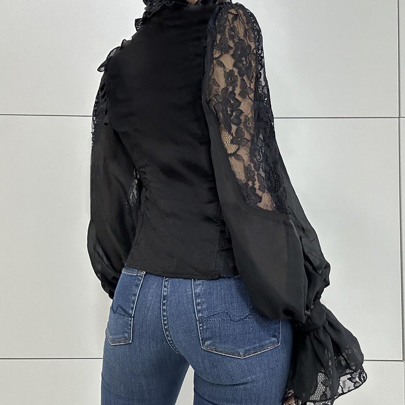 Women Clothing Street Dark Palace Lace Stitching Lace Small Turtleneck Waist Controlled Slimming Long Sleeve Shirt