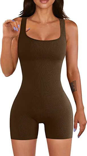 Women Yoga Jumpsuit Workout Ribbed Square Collar Sleeveless Sports Jumpsuit