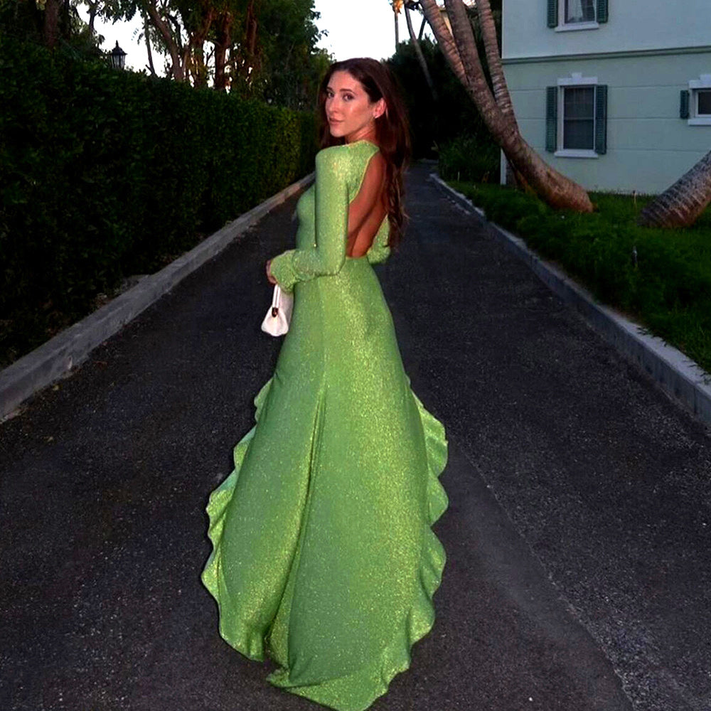 Sexy Women Wear Summer Solid Color Round Neck Long Sleeve Backless High Slit Dress