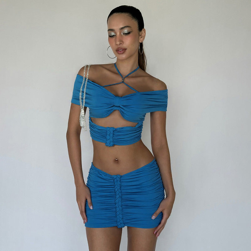 Women Clothing Summer Sexy Halter Beaded Camisole Slim Pleated Skirt Three Piece Set for Women