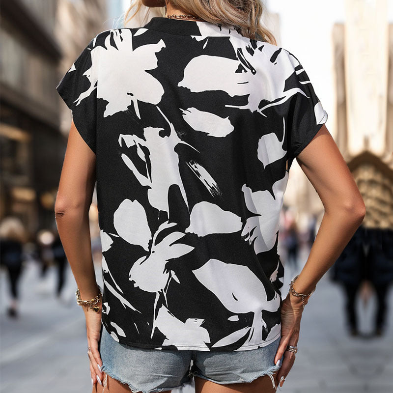 Summer Women Clothing Contrast Color Black White V neck Shirt for Women