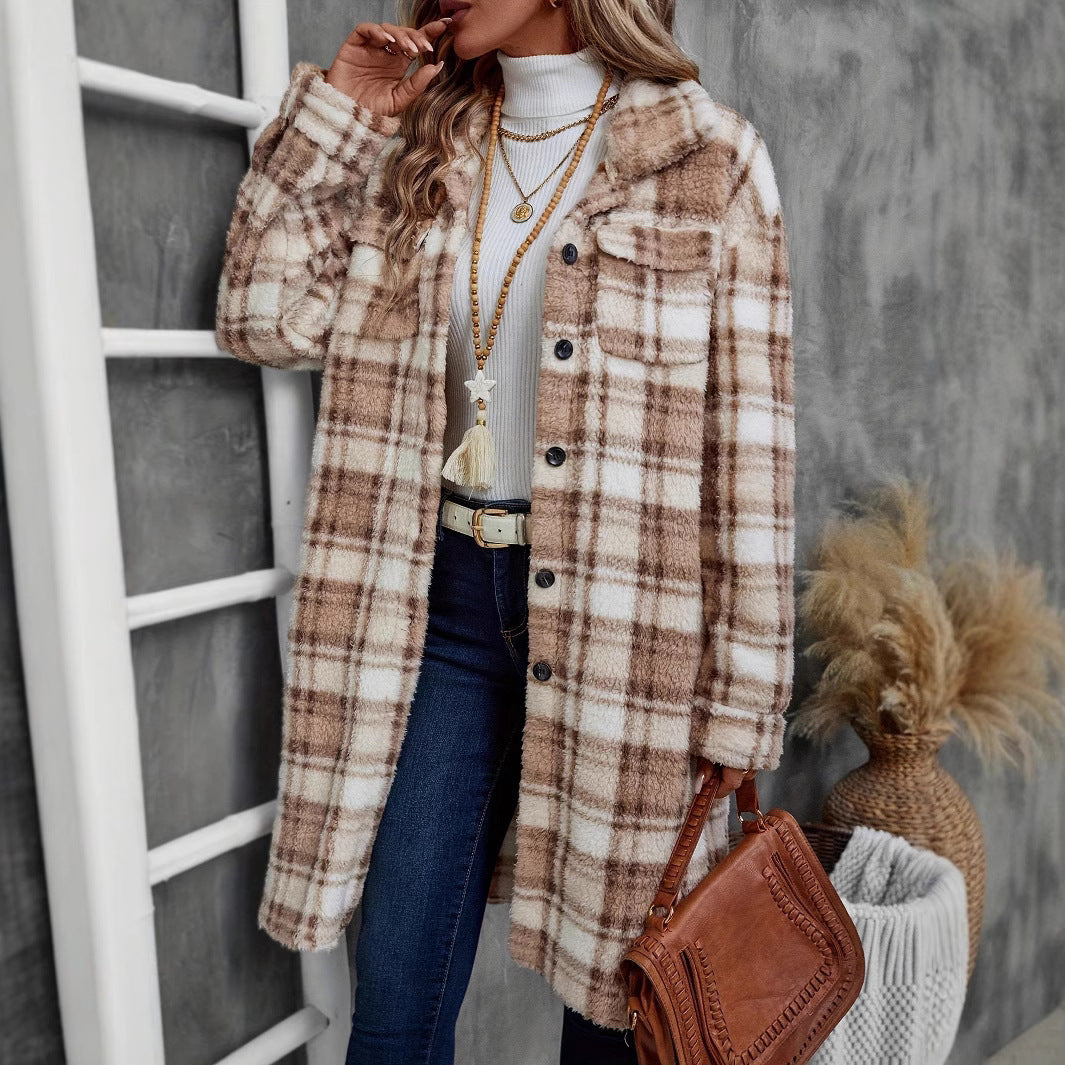 Fall Winter Printed Plaid Long Double Sided Plush Patch Pocket Button Cardigan Coat Women