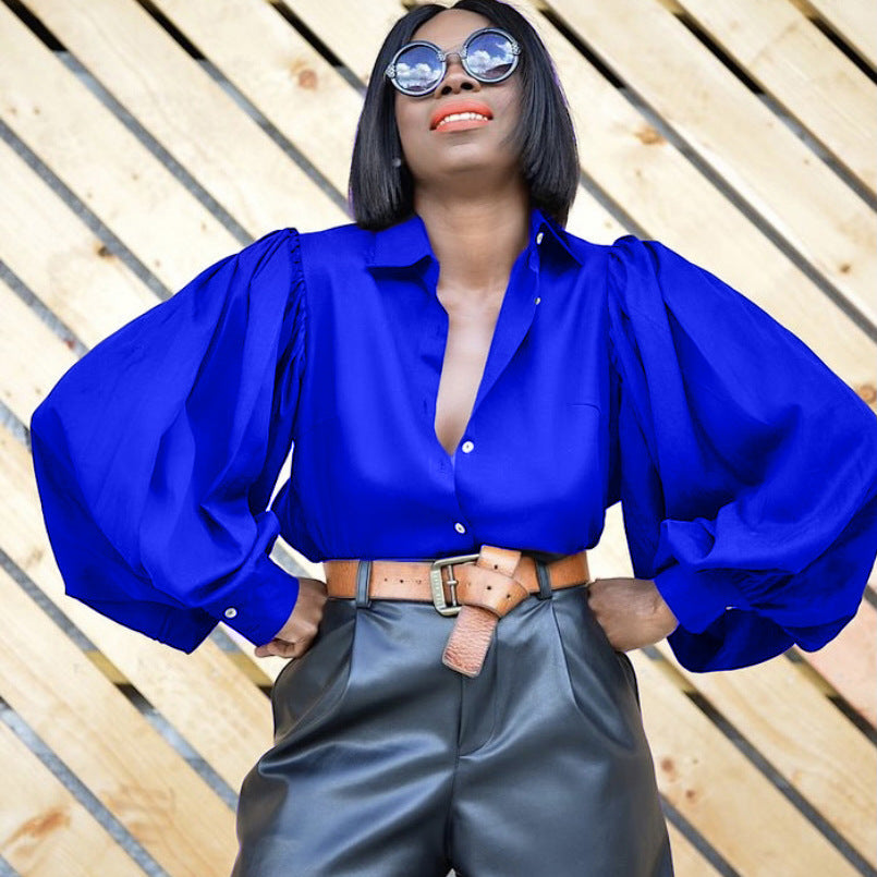 Single-Breasted Backless Lantern Sleeve Long Sleeve Office Shirt