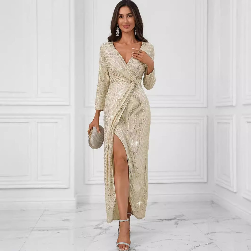Prom Evening Dress Sexy Sequined Long Sleeve Dress Women Clothing Maxi Dress