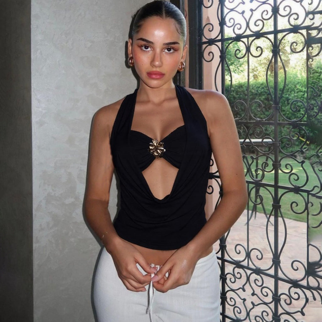 Women Clothing Summer Sexy Hanging Neck Pile Collar Backless Slim Fit Tube Top Vest Set