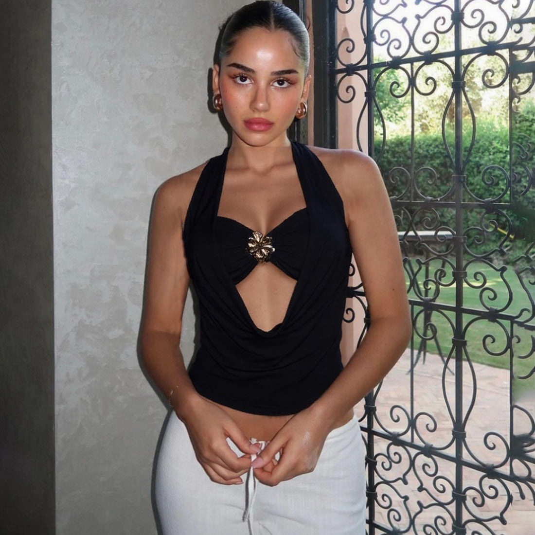 Women Clothing Summer Sexy Hanging Neck Pile Collar Backless Slim Fit Tube Top Vest Set