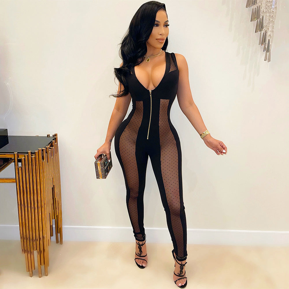 Autumn Winter WomenClothing Sexy Mesh See through Stitching Jumpsuit Women