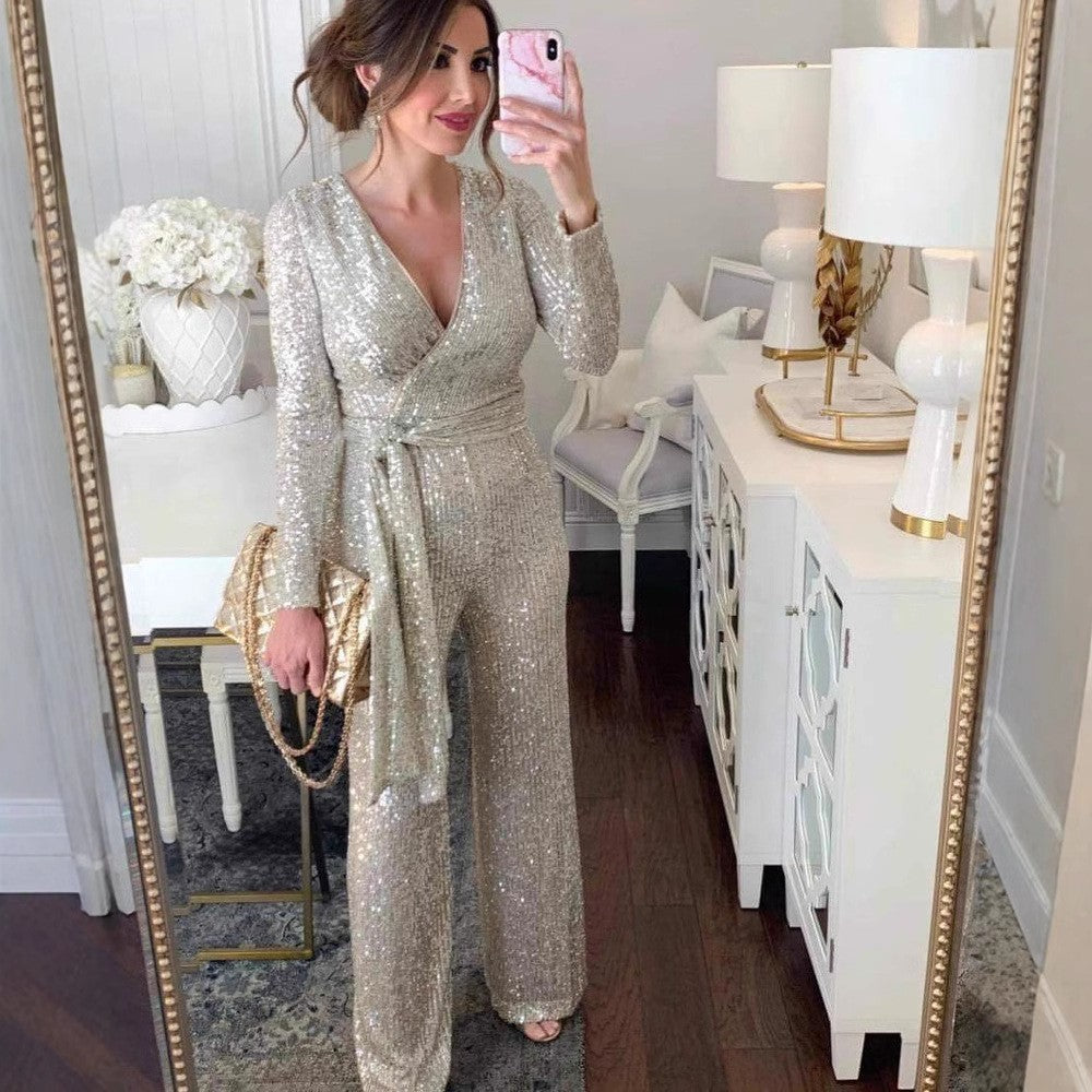 Autumn Fast Buy through Color V neck Long Sleeve Shiny Crystal Sequin Fitted Waist Jumpsuit