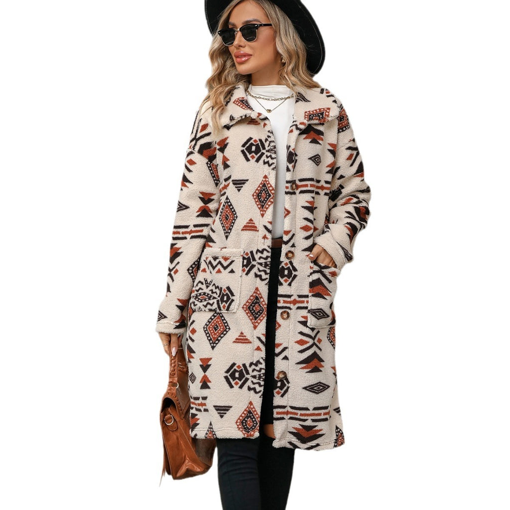 Autumn Winter Women Clothing Single Breasted Ethnic Print Plush Long Overcoat Outerwear