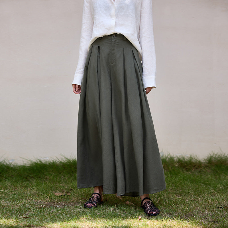 Women High Waist Pantskirt Autumn Winter Tencel Linen Pleated Big Hem A line Skirt Pants Crisp Elegant