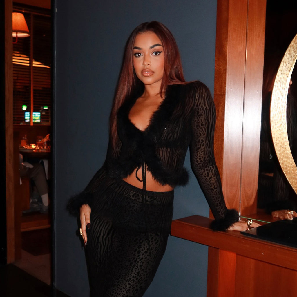 Sexy Flocking Wool Tops Lace up Cardigan Leopard Print Skirt Women Fur Stitching Two Piece Sets