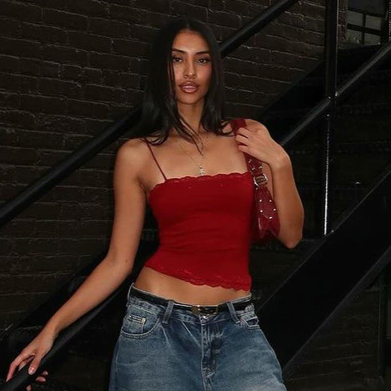 Summer Sexy Lace Spaghetti Strap Top Skinny Short Tube Top Sexy Basic All Matching Vest