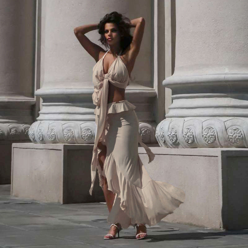 Summer Women Sexy Solid Color Halter Strap Vest Slim Fit Slit Skirt Set Women