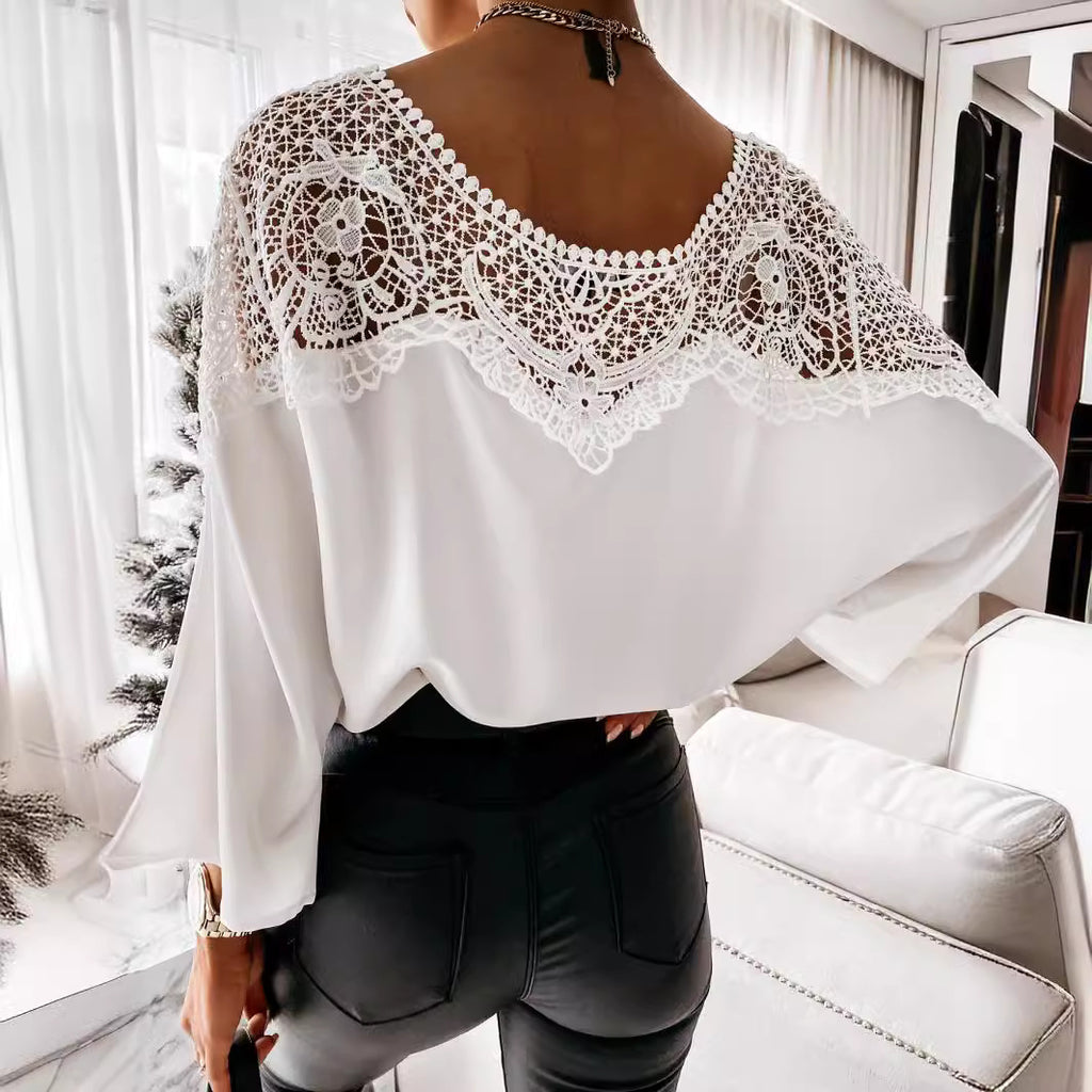 Spring Autumn Long Sleeve Lace Shirt Solid Color Office Top round Neck