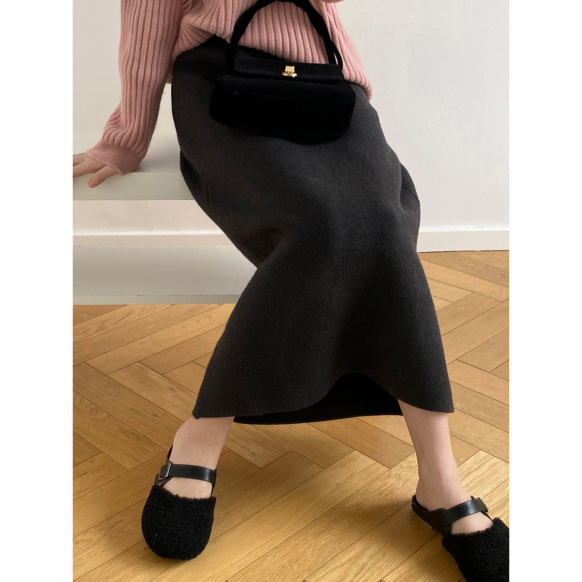 Knitted Skirt for Women Autumn Winter Niche A line High Waist Mid Length Knitted Skirt