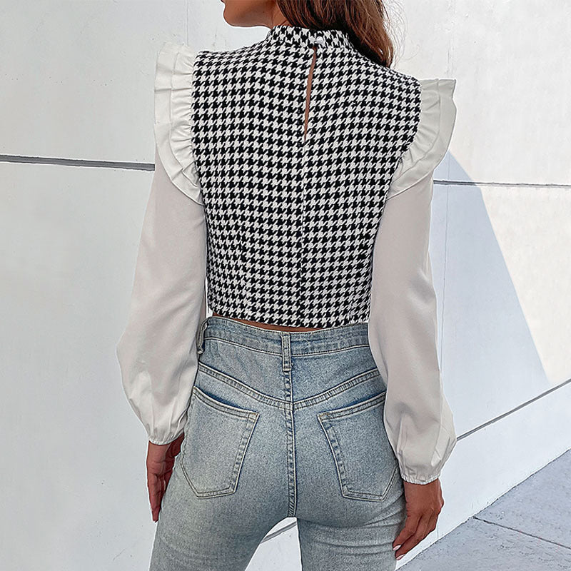 Spring Autumn Women Clothing Mid Collar Houndstooth Short Shirt for Women