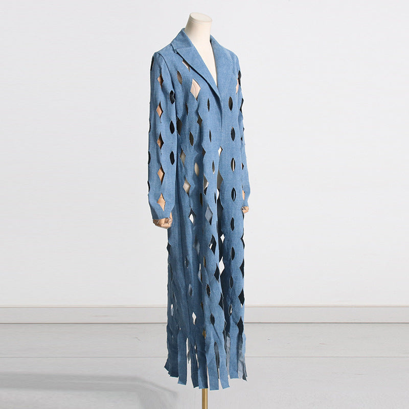 Winter Street Hipster Twisted Ripped Design Long Denim Jacket Tassel Top for Women