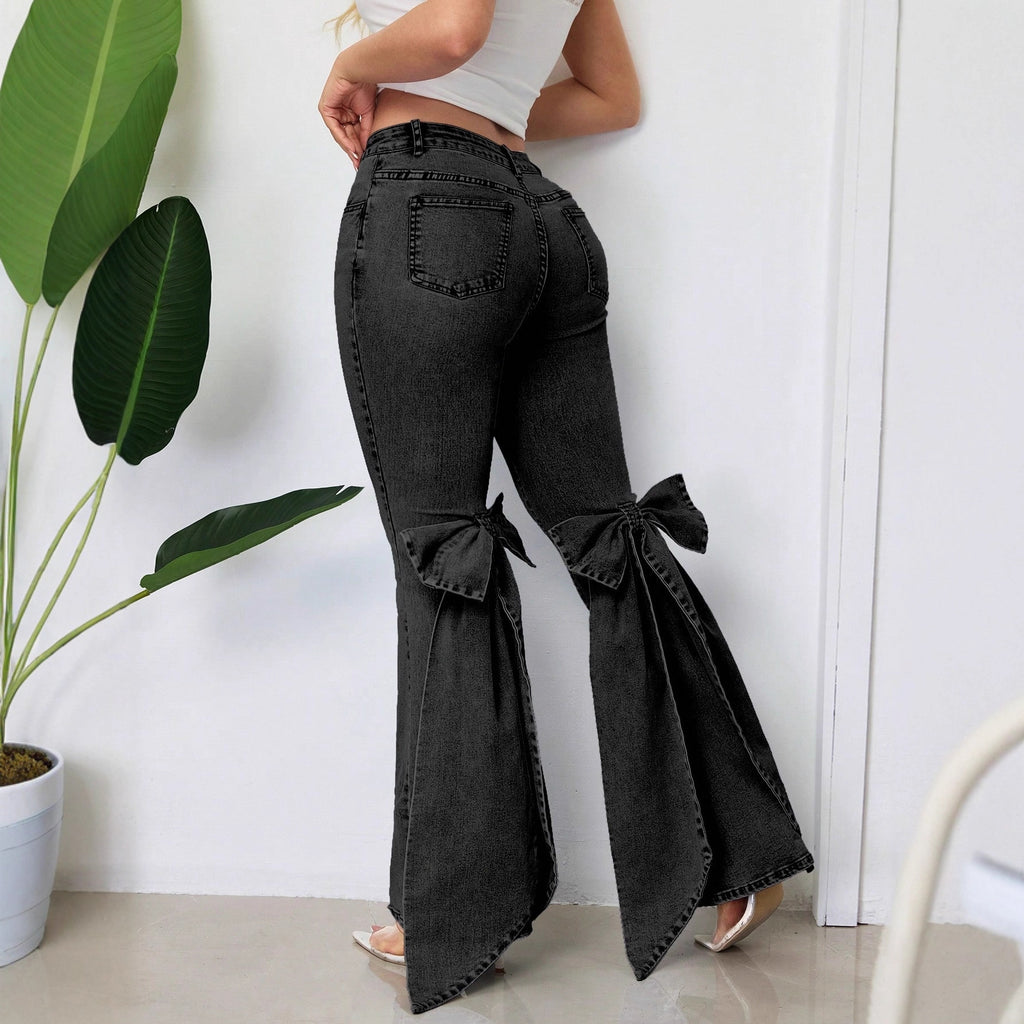 Retro Three Dimensional Bow Slim Fit Elastic Mop Denim Bell Bottom Pants