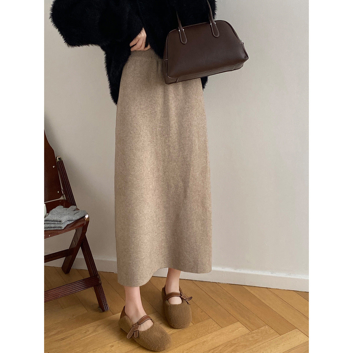 Knitted Skirt for Women Autumn Winter Niche A line High Waist Mid Length Knitted Skirt