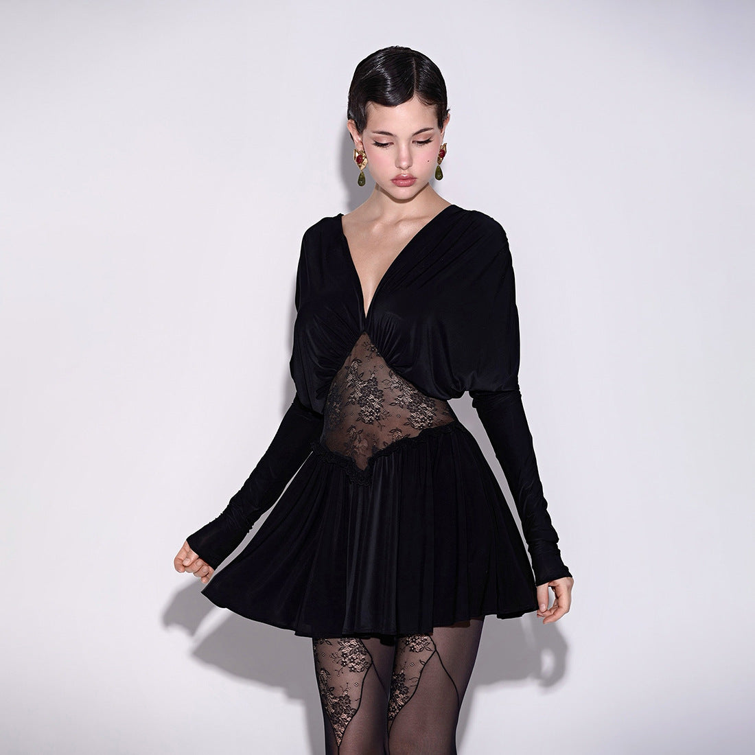 Autumn Sexy Lace See through V neck Patchwork Long Sleeve Short Dress Elegant Dress