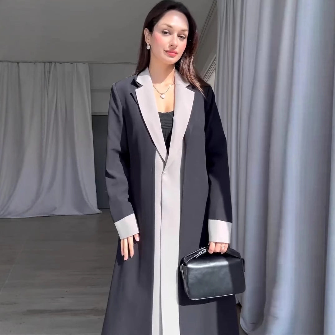 Long Collar Stitching Contrast Color Trench Coat Women Office Coat