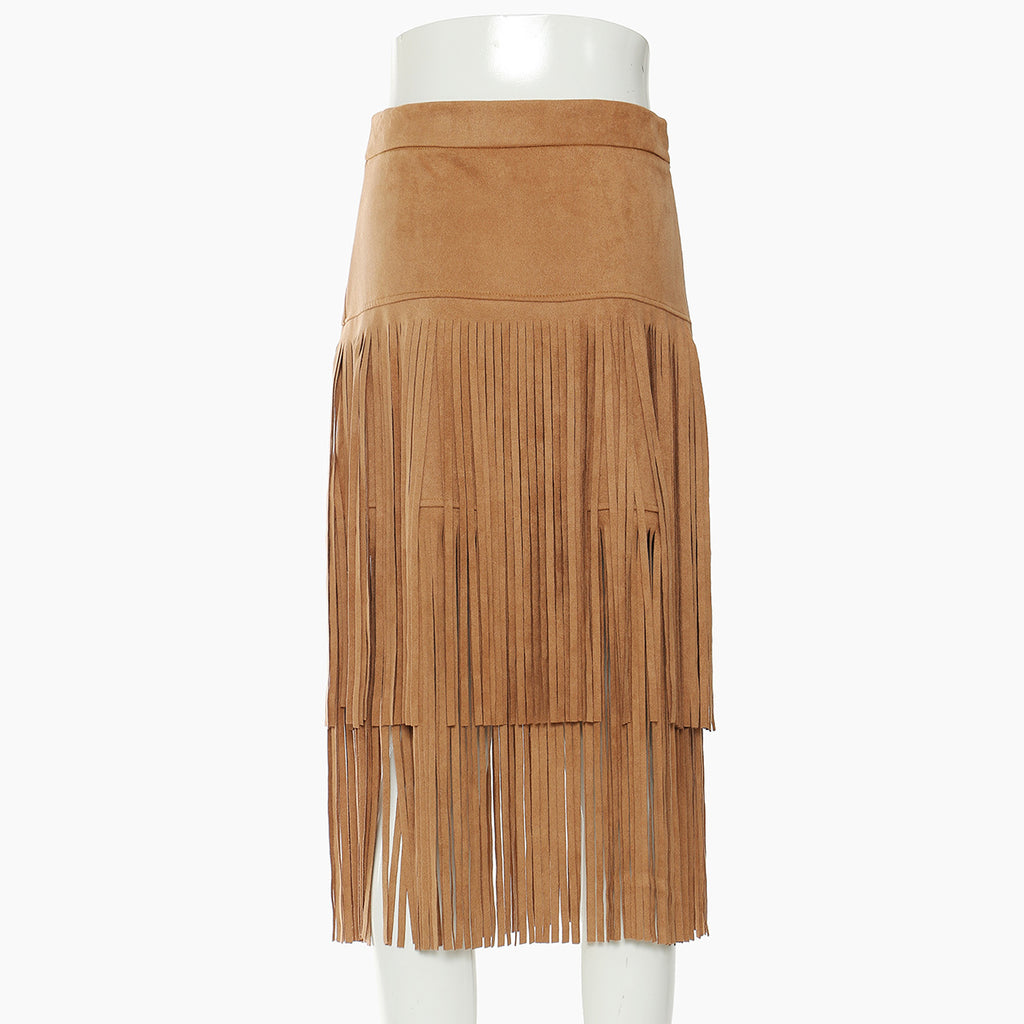 Fall Winter Cowboy Wild Domineering Heavy Industry Tassel Mid Length Skirt Women