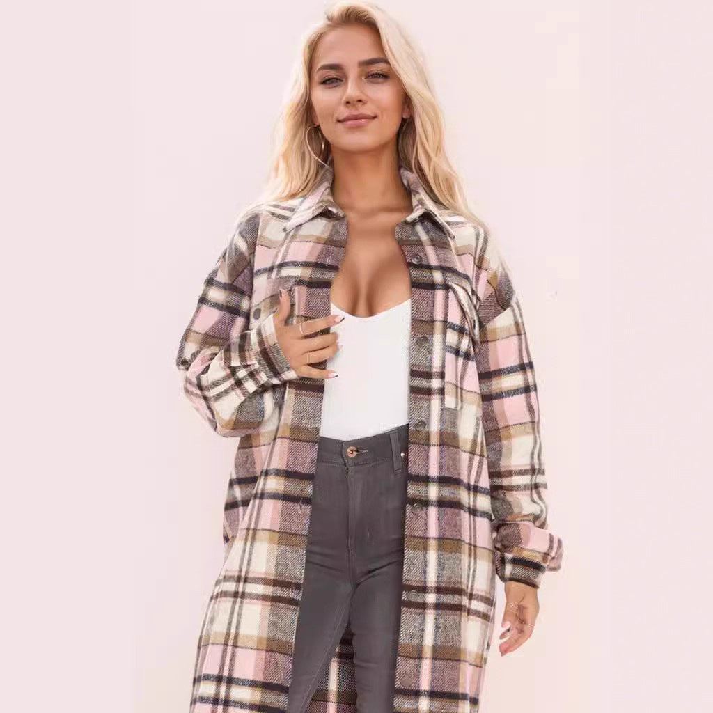 Plaid Printed Jacket Button Women Clothing Trench Coat
