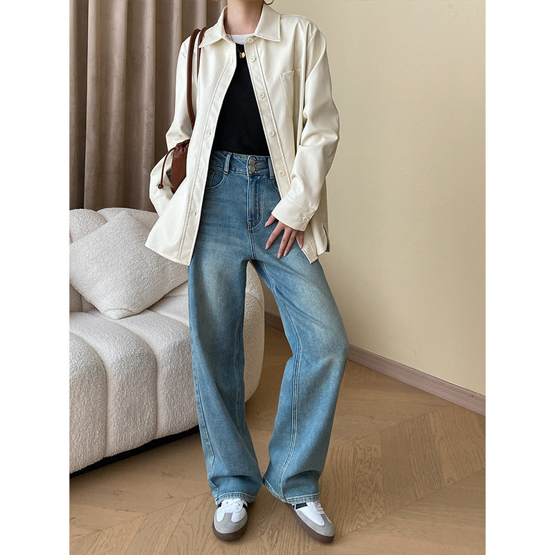 Good Texture Protein Leather Early Autumn Casual Non Sexual Loose Shirt Leather Coat