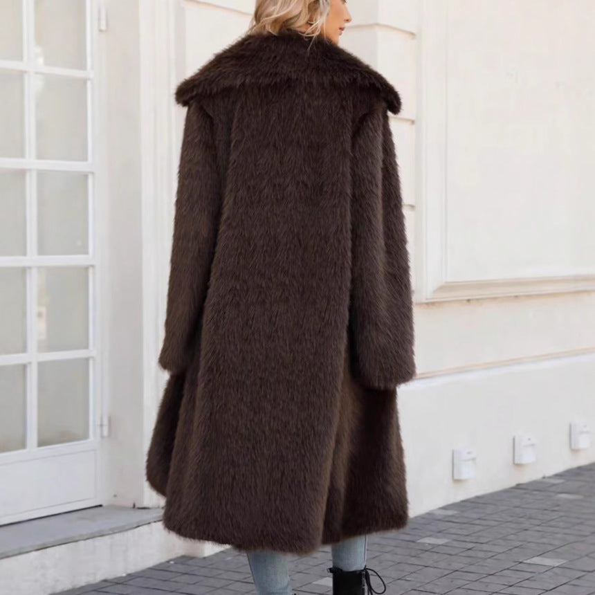 Faux Fur Coat Top Faux Fur Long Cut Coat Warm Keeping Cold-Proof Trench Coat