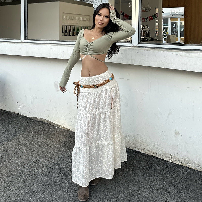 Summer Beach Solid Color Texture Split Dress Sexy Seaside Holiday A line Skirt