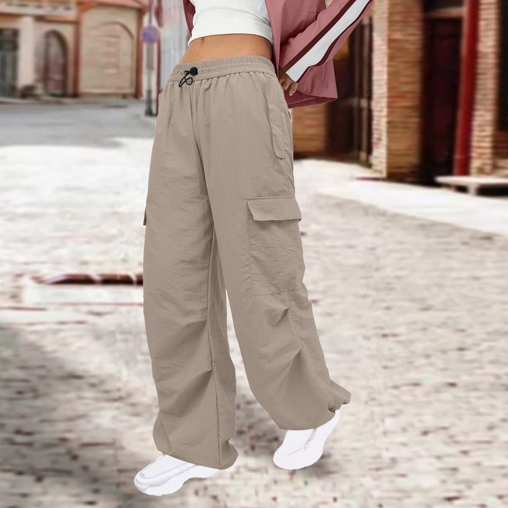 Women Clothing Solid Color Nylon Multi Pocket Loose Cargo Pants
