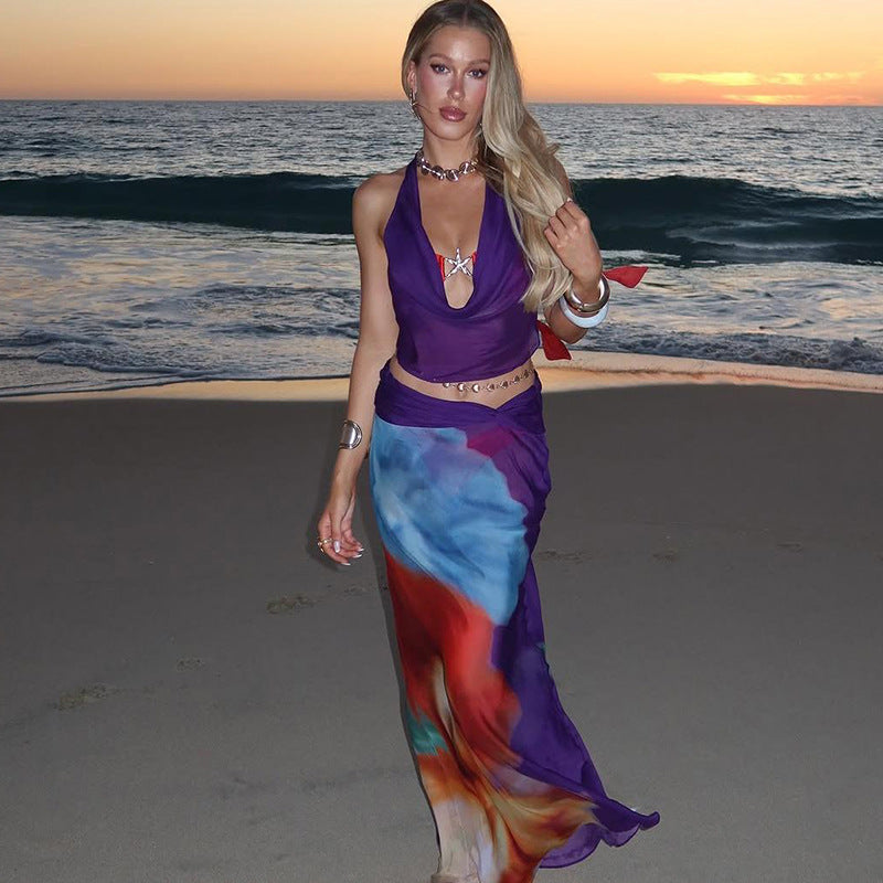 Women Clothing Summer Sexy Mesh Halterneck Vest Slim Fit Sheath Print Skirt Two Piece Set