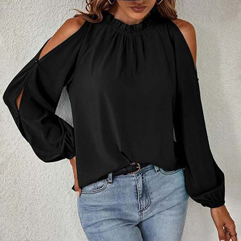 Off Shoulder Top for Women Spring Autumn Solid Color Loose round Neck Long Sleeve Simple Chiffon Shirt for Women