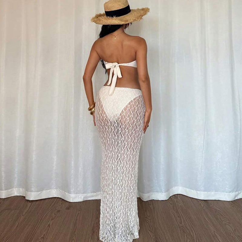 Summer Women Clothing Solid Color Sexy Lace up Tube Top Lace Maxi Skirt Two Piece Set for Women