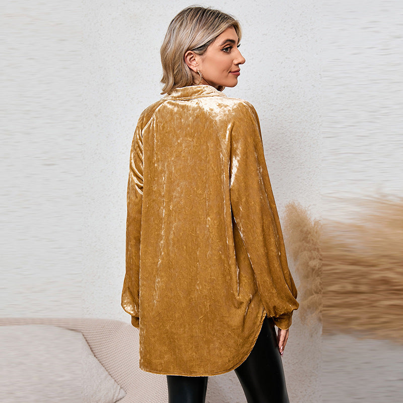 Fall Solid Color Buttons Long-Sleeved Shirt for Women Loose Slim Fit Velvet Shirt for Women