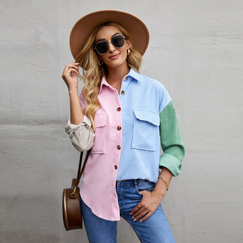 Color Block Stitching Autumn Shirt Women Loose Long Sleeve Single Breasted Shirt