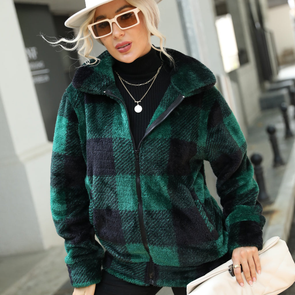 Autumn Winter Ladies Long Sleeves Stand Up Collar Plaid Regular Midi Plush Zippered Double Sided Suede Jacket