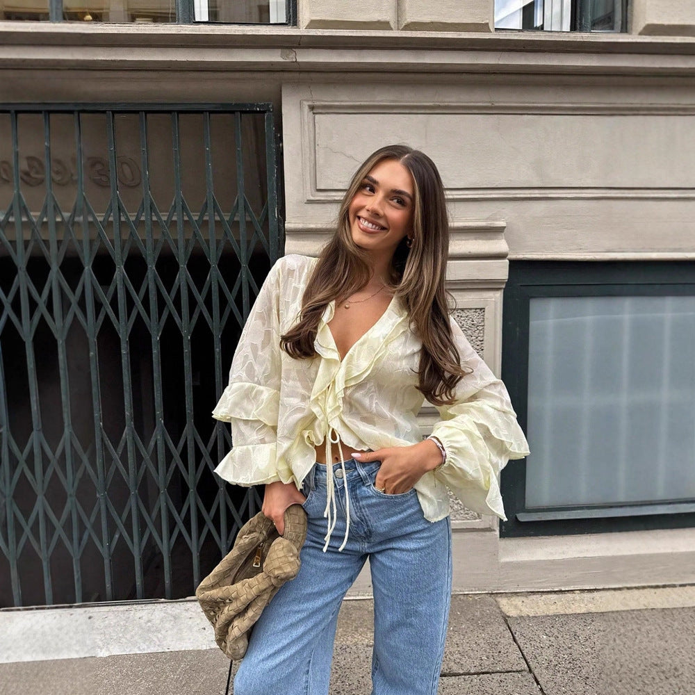 Autumn Ladies Early Autumn French Ruffled Tied Lace Flared Sleeve Cardigan