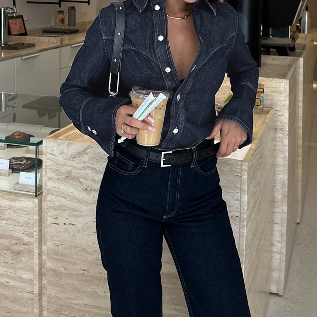 Autumn Winter Blue Split Shirt Women's Bandage Dress Inner Collared Loose Breasted Jacket