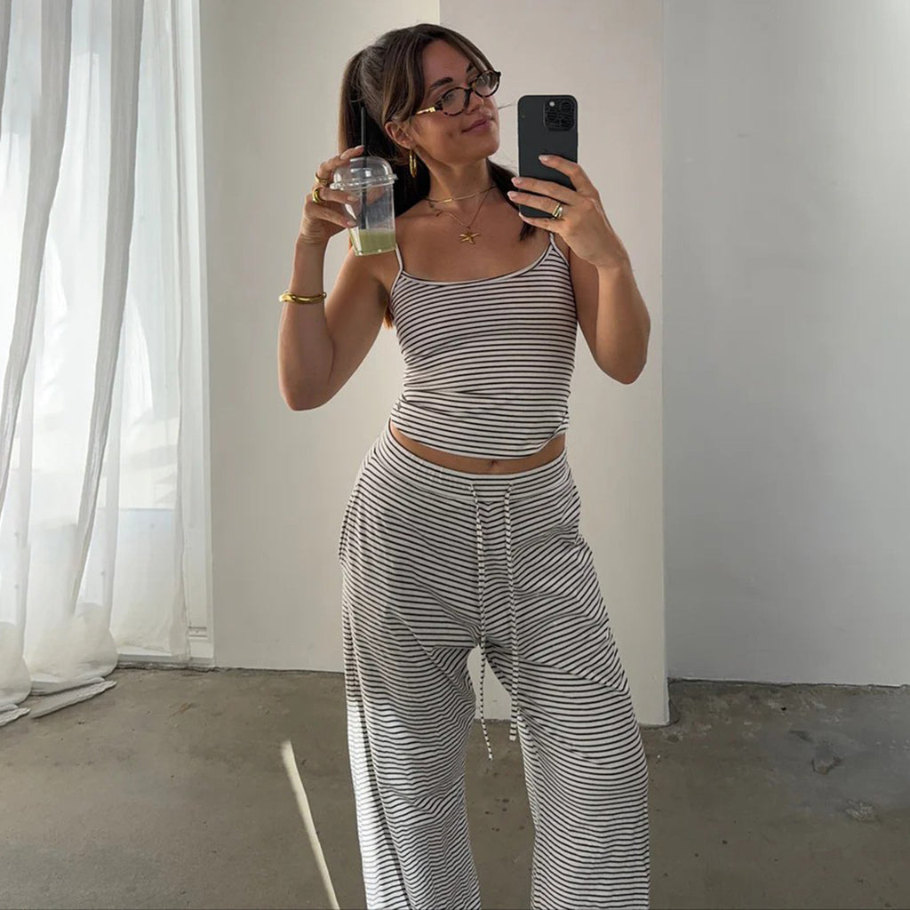 Casual Striped Spaghetti Straps Top Elastic Waistband Lace up Trousers Home Wear Pajamas Two Piece Set